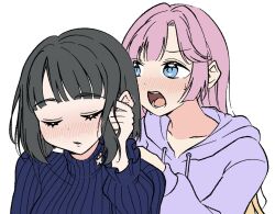 2girls anyoji_hime anyoji_hime_(winter_loungewear) black_hair blonde_hair blue_eyes blue_sweater blunt_bangs blunt_ends blush closed_eyes commentary_request drawstring ear_blush gradient_hair hair_down hood hood_down hoodie imminent_bite link!_like!_love_live! llkapital long_hair long_sleeves loungewear love_live! momose_ginko momose_ginko_(winter_loungewear) multicolored_hair multiple_girls nose_blush official_alternate_costume open_mouth parted_lips pink_hair purple_hoodie short_hair sidelocks simple_background sweater swept_bangs teeth tongue turtleneck turtleneck_sweater u_u upper_body virtual_youtuber white_background yuri