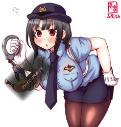 Rule 34 | 1girl, alternate costume, artist logo, banana, black hair, black necktie, blue shirt, blue skirt, breasts, brown pantyhose, censored, censored food, chestnut mouth, commentary request, cowboy shot, cuffs, dated, dress shirt, female service cap, food, fruit, gloves, handcuffs, hat, highres, kanon (kurogane knights), kantai collection, large breasts, leaning forward, miniskirt, necktie, outside of play area, pantyhose, pencil skirt, pointless censoring, police, police hat, police uniform, policewoman, red eyes, revision, shirt, short hair, side slit, simple background, skirt, solo, takao (kancolle), uniform, white background, white gloves