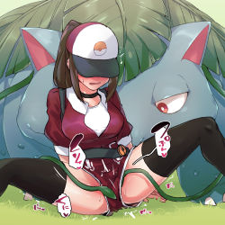 Rule 34 | 1girl, baseball cap, black choker, black thighhighs, breasts, brown hair, choker, consensual tentacles, creatures (company), female protagonist (pokemon go), game freak, gen 1 pokemon, hat, highres, jinnai10, nintendo, open mouth, pokemon, pokemon (creature), pokemon go, pokephilia, ponytail, red eyes, tentacles, tentacles under clothes, thighhighs, translation request, venusaur