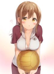 Rule 34 | 10s, 1girl, ?, ball, blush, bow, bow bra, bra, breasts, brown eyes, brown hair, chestnut mouth, cleavage, commentary request, eyes visible through hair, gym uniform, hair between eyes, holding, holding ball, kunikida hanamaru, large breasts, long hair, looking at viewer, love live!, love live! sunshine!!, micopp, open mouth, short sleeves, simple background, solo, sportswear, underwear, unzipped, volleyball, volleyball (object), volleyball uniform, white background, white bra, yellow eyes