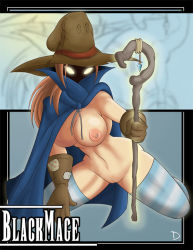 Rule 34 | 1girl, black mage (final fantasy), breasts, brown hair, cloak, final fantasy, gloves, goldfishvalhalla, hat, pussy, solo, staff, thighhighs, uncensored, witch hat