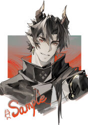 Rule 34 | 1boy, absurdres, arknights, black hair, chong yue (arknights), cropped torso, dragon boy, dragon horns, earrings, grin, head tilt, highres, horns, jewelry, long hair, looking at viewer, male focus, multicolored hair, muted color, pointy ears, red eyes, smile, solo, streaked hair, thick eyebrows, yaoyaore