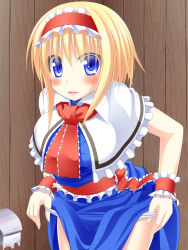 Rule 34 | 1girl, alice margatroid, anni minto, blonde hair, blue eyes, blush, capelet, female focus, hairband, highres, neckerchief, panties, panty pull, restroom, short hair, skirt, solo, toilet paper, touhou, underwear, wrist cuffs