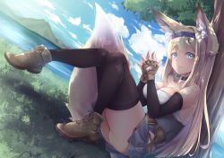 Rule 34 | animal ear fluff, animal ears, ass, black choker, black sleeves, black thighhighs, blonde hair, blue dress, blue eyes, choker, detached sleeves, dress, fingerless gloves, fingers together, fox ears, fox girl, fox tail, gloves, hairband, highres, leaning on object, long hair, looking at viewer, miniskirt, on grass, original, outdoors, scenery, sitting, skirt, solo, tail, thick eyebrows, thighhighs, yuki kawachi, zettai ryouiki