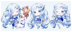 Rule 34 | 1girl, animal, aoiro oto, arm up, belt, blue eyes, blue gloves, blue hair, blue nails, blue skirt, blue sleeves, blue thighhighs, blunt bangs, border, breasts, bridal gauntlets, cheese, chibi, cleavage cutout, closed eyes, clothed animal, clothing cutout, commentary request, flower, food, full body, gloves, gradient legwear, grey background, hair flower, hair ornament, highres, holding, holding food, large breasts, long hair, looking at viewer, mouse (animal), multiple views, obi, obiage, obijime, okojou (voicevox), one eye closed, open mouth, platform footwear, pleated skirt, pointing, pointing at another, pom pom (clothes), red sash, ryouta (voicevox), sample watermark, sash, shoulder cutout, shrug (clothing), simple background, skirt, smile, standing, standing on one leg, thigh strap, thighhighs, voicevox, watermark, weasel, white border, whitecul, wide sleeves