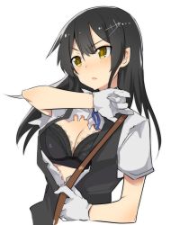 Rule 34 | 10s, 1girl, bad id, bad twitter id, black bra, black hair, bra, breasts, cleavage, gloves, hair between eyes, hair ornament, hairclip, kantai collection, lace, lace-trimmed bra, lace trim, long hair, medium breasts, nanasuke, oyashio (kancolle), parted lips, shirt, simple background, sketch, solo, torn clothes, torn shirt, underwear, upper body, white background, white gloves, yellow eyes