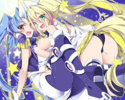 Rule 34 | 2girls, ass, bare shoulders, blonde hair, blue hair, breast press, breasts, commentary request, duel monster, elbow gloves, fingerless gloves, gloves, gradient hair, green eyes, hair between eyes, hair ornament, horns, large breasts, long hair, looking at viewer, looking back, mtu (orewamuzituda), multicolored hair, multiple girls, open mouth, performapal corn, performapal uni, pink hair, ponytail, red eyes, ribbon, single horn, smile, symmetrical docking, tail, teeth, thighhighs, very long hair, white gloves, yu-gi-oh!