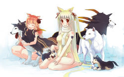 Rule 34 | 2girls, animal ears, bad id, bad pixiv id, barefoot, blonde hair, chanchan, closed eyes, dog, fang, fangs, feet, flower, grin, hair flower, hair ornament, hair ribbon, long hair, multiple dogs, multiple girls, orange hair, rappelz, red eyes, ribbon, scarf, sitting, smile, squatting, tattoo, toes, twintails, very long hair, wariza, wolf