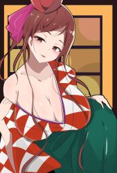 Rule 34 | 1girl, breasts, brown eyes, brown hair, cleavage, green skirt, heart, heart hair, highres, hoken0309, japanese clothes, kimono, large breasts, looking at viewer, multicolored clothes, open mouth, pink ribbon, red kimono, ribbon, skirt, yuugiri (zombie land saga), zombie land saga