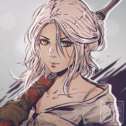Rule 34 | 1girl, ciri, collarbone, gradient background, green eyes, koyorin, long hair, looking at viewer, solo, text focus, the witcher (series), the witcher 3, white hair