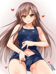 Rule 34 | 1girl, alternate costume, arashio (kancolle), blue one-piece swimsuit, breasts, brown eyes, brown hair, collarbone, commentary request, cowboy shot, dated, gradient background, highres, kantai collection, long hair, looking at viewer, navel, one-hour drawing challenge, one-piece swimsuit, parted lips, pink background, school swimsuit, school swimsuit flap, small breasts, smile, solo, swimsuit, takase muh, twitter username