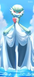 Rule 34 | 1girl, artist name, blue background, blue sky, bob cut, bright pupils, closed mouth, cloud, colored skin, creatures (company), curtsey, day, female focus, flat chest, full body, game freak, gardevoir, gen 3 pokemon, green hair, green skin, hair between eyes, happy, head tilt, highres, legs, legs together, lifting own clothes, looking at viewer, multicolored skin, nintendo, on water, outdoors, pokemon, pokemon (creature), red eyes, short hair, signature, sky, smile, solo, standing, tsukkon, twitter username, two-tone skin, water, white pupils, white skin