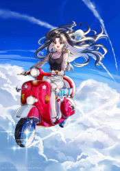 Rule 34 | 1girl, black hair, black shirt, blue sky, breasts, day, earrings, fate/grand order, fate (series), flying, high heels, highres, hoop earrings, ishtar (fate), jewelry, long hair, looking at viewer, medium breasts, motor vehicle, open mouth, parted bangs, pig, red eyes, scooter, shirt, skirt, sky, smile, sparkle, two side up, white skirt, yaoshi jun