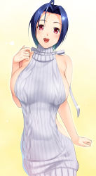 Rule 34 | 1girl, :d, ahoge, aran sweater, back, backless dress, backless outfit, bare shoulders, blue hair, breasts, cable knit, cowboy shot, dragon@harry, dress, grey dress, hair intakes, halterneck, hand up, highres, idolmaster, idolmaster (classic), large breasts, looking at viewer, meme attire, miura azusa, naked sweater, no bra, open mouth, red eyes, ribbed sweater, sideboob, smile, solo, sweater, sweater dress, teeth, turtleneck, turtleneck sweater, virgin killer sweater