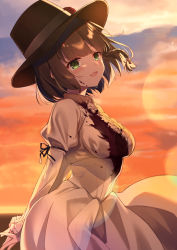 Rule 34 | 1girl, arms behind back, blood, blood on clothes, braid, brown hair, charlotte corday (fate), charlotte corday (third ascension) (fate), cloud, dress, fate/grand order, fate (series), green eyes, hat, highres, kisaragi yuri, long sleeves, looking at viewer, open mouth, outdoors, puffy long sleeves, puffy sleeves, short hair, single braid, smile, solo, sun, sunset, tears, white dress