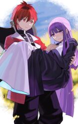 Rule 34 | 1boy, 1girl, black coat, black pants, carrying, closed mouth, coat, commentary request, dress, falken (yutozin), fern (sousou no frieren), hetero, highres, long hair, looking at another, pants, princess carry, purple eyes, purple hair, red eyes, red hair, short hair, sousou no frieren, standing, stark (sousou no frieren), white dress