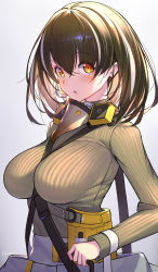 Rule 34 | 1girl, :o, arknights, breasts, brown eyes, brown hair, commentary request, crossed bangs, gas mask, hair between eyes, highres, large breasts, looking to the side, magallan (arknights), magallan (elite ii) (arknights), mask, mask around neck, medium hair, multicolored hair, multiple straps, pouch, ribbed sweater, streaked hair, sweater, takamine nadare, turtleneck