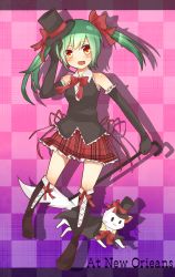 Rule 34 | 1girl, aqua hair, bare shoulders, boots, bow, bowtie, cane, cat, elbow gloves, fang, gloves, hair bow, hair ribbon, hat, hatsune miku, highres, long hair, open mouth, plaid, red eyes, ribbon, skirt, smile, solo, top hat, tosura-ayato, twintails, vocaloid