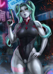 Rule 34 | 1girl, alternate breast size, artificial eye, black leotard, breasts, colored sclera, colored skin, cosplay, covered erect nipples, covered navel, cyberpunk (series), cyberpunk edgerunners, dandon fuga, green eyes, green hair, grey skin, gun, hand on own hip, highres, holding, holding gun, holding weapon, large breasts, leg tattoo, leotard, mechanical eye, neck tattoo, non-web source, pussy, rebecca (cyberpunk), red sclera, solo, tattoo, twintails, weapon