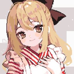 Rule 34 | 1girl, ahiru tokotoko, blonde hair, blush, bow, brown bow, closed mouth, commentary, grey background, hair bow, highres, looking at viewer, medium hair, original, pixel art, smile, solo, symbol-only commentary, upper body, yellow eyes