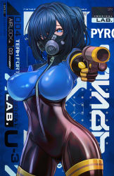 Rule 34 | 1girl, absurdres, blu pyro (tf2), blue eyes, blue hair, bodysuit, breasts, english text, flare gun, gas mask, gun, hair over one eye, highres, holding, holding gun, holding weapon, looking at viewer, mask, nekodayo22, ponytail, pyro (tf2), solo, team fortress 2, weapon