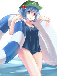 Rule 34 | 1girl, blue hair, blush, hair bobbles, hair ornament, hat, highres, innertube, kawashiro nitori, namauni, one-piece swimsuit, open mouth, school swimsuit, short hair, solo, swim ring, swimsuit, touhou, twintails, two side up, water