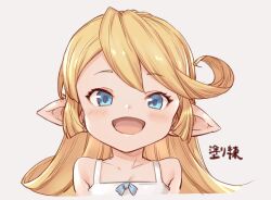 Rule 34 | 1girl, :d, blonde hair, blue eyes, blush, charlotta (granblue fantasy), collarbone, commentary request, ear blush, granblue fantasy, grey background, harvin, jingai modoki, long hair, looking at viewer, open mouth, pointy ears, simple background, smile, solo