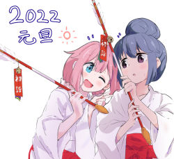Rule 34 | 2022, 2girls, :o, alternate costume, arrow (projectile), blue eyes, commentary, hair bun, hair ornament, hair scrunchie, hakama, hamaya, holding, holding arrow, japanese clothes, kagamihara nadeshiko, kimono, long hair, long sleeves, looking at another, low twintails, miko, multiple girls, murairamuraiari, new year, notice lines, one eye closed, open mouth, pink hair, purple eyes, red hakama, scrunchie, shima rin, short hair, simple background, single hair bun, smile, standing, sweatdrop, translated, twintails, v, white background, white kimono, white scrunchie, wide sleeves, yurucamp
