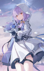 Rule 34 | 1girl, atsuko (blue archive), belt pouch, black gloves, blue archive, bouquet, bow, braid, flower, gloves, hair bow, halo, highres, holding, holding bouquet, jacket, looking at viewer, medium hair, pouch, purple hair, red eyes, serika, skirt, solo, thigh strap, twin braids, white hood, white jacket, white skirt, yellow bow