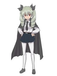 Rule 34 | 10s, 1girl, anchovy (girls und panzer), anzio school uniform, artist request, black cape, cape, closed mouth, drill hair, female focus, full body, girls und panzer, green hair, hair ribbon, highres, long hair, long sleeves, looking at viewer, miniskirt, red eyes, ribbon, school uniform, shirt, shoes, simple background, skirt, smile, solo, standing, twin drills, twintails, white background, white legwear, white shirt