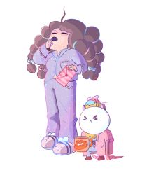 Rule 34 | 1girl, :&lt;, :d, ahoge, animal, animal on head, artist name, bee, bee (bee and puppycat), bee and puppycat, bell, brown hair, bug, closed eyes, envelope, female focus, frederator, full body, garfield, garfield (character), hair ribbon, insect, jingle bell, long hair, natasha allegri, on head, open mouth, pajamas, puppycat, ribbon, robe, simple background, slippers, smile, standing, striped clothes, striped pajamas, white background, yawning