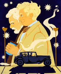 Rule 34 | 2boys, aziraphale (good omens), beard, blonde hair, car, crowley (good omens), cup, disposable cup, facial hair, good omens, grey eyes, highres, holding, holding cup, looking ahead, looking at another, male focus, motor vehicle, multiple boys, mustache, night, risariba, shadow, short hair, smile, star (symbol), white hair, wrinkled skin