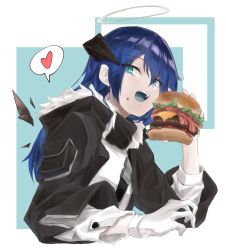 Rule 34 | 1girl, absurdres, aqua eyes, arknights, black jacket, blue hair, blue tongue, burger, colored tongue, cropped torso, detached wings, food, food on face, gloves, halo, heart, highres, holding, holding food, horns, jacket, long hair, long sleeves, looking at viewer, mostima (arknights), open clothes, open jacket, open mouth, shirt, single glove, solo, speech bubble, spoken heart, teeth, two-tone background, upper body, upper teeth only, white gloves, white shirt, wings, yukinko999