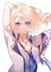 Rule 34 | 1girl, arms behind head, arms up, blazer, blonde hair, blue eyes, blush, breasts, cleavage, collared shirt, hair between eyes, highres, holding, holding own hair, jacket, jewelry, locket, looking at viewer, medium breasts, miwano rag, necktie, original, pendant, shirt, short hair, solo, tongue, tongue out, uniform, white background