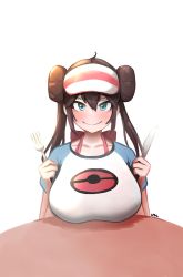 Rule 34 | 1girl, absurdres, alternate breast size, blue eyes, blush, breast rest, breasts, breasts on table, brown hair, collarbone, creatures (company), double bun, fork, game freak, hair bun, highres, holding, holding fork, holding knife, huge breasts, knife, long hair, looking at viewer, nintendo, nokotchi, pokemon, pokemon bw2, pov across table, rosa (pokemon), smile, solo, table, twintails, visor cap