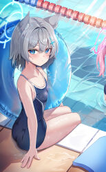 Rule 34 | 2girls, absurdres, animal ears, bare arms, bare legs, bare shoulders, black one-piece swimsuit, blue archive, blue eyes, blue halo, blush, breasts, closed mouth, cross hair ornament, extra ears, grey hair, hair between eyes, hair ornament, halo, highres, hoshino (blue archive), innertube, li se, long hair, looking at viewer, medium hair, mismatched pupils, multiple girls, one-piece swimsuit, pink hair, pool, school swimsuit, shiroko (blue archive), sitting, small breasts, swim ring, swimsuit, water, wolf ears