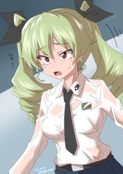 Rule 34 | 1girl, absurdres, anchovy (girls und panzer), anzio school uniform, belt, black belt, black necktie, black ribbon, black skirt, brown eyes, commentary request, dated, dress shirt, drill hair, drops mint, emblem, frown, girls und panzer, green hair, hair ribbon, highres, long hair, long sleeves, looking to the side, motion lines, necktie, open mouth, pleated skirt, ribbon, school uniform, see-through, shirt, skirt, solo, standing, translated, twin drills, twintails, twitter username, wet, wet clothes, wet shirt, white shirt, wing collar