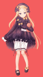 Rule 34 | 1girl, abigail williams (fate), black bow, black dress, black footwear, black hat, blonde hair, bloomers, blue eyes, bow, bug, butterfly, closed mouth, commentary request, dress, fate/grand order, fate (series), forehead, full body, hair bow, hat, head tilt, hugging object, insect, long hair, long sleeves, mary janes, orange bow, parted bangs, polka dot, polka dot bow, red background, shoes, simple background, sinra (rakuto), sleeves past fingers, sleeves past wrists, smile, solo, standing, stuffed animal, stuffed toy, teddy bear, underwear, very long hair, white bloomers
