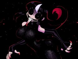 Rule 34 | 1girl, bare shoulders, black background, black dress, black gloves, black hair, black sclera, black theme, blood, blood on teeth, breasts, bright pupils, buck teeth, colored sclera, dress, elbow gloves, fingerless gloves, fingernails, floating hair, gloves, highres, hollow mouth, horror (theme), large breasts, long dress, long hair, looking at viewer, multicolored hair, noss (rariatto), original, rariatto (ganguri), sharp fingernails, sleeveless, sleeveless dress, smile, solo, streaked hair, teeth, vampire, wavy mouth, white hair, white pupils