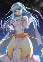 Rule 34 | artist request, bare shoulders, blue hair, bouquet, bridal veil, bride, dress, elbow gloves, fire emblem, fire emblem: the blazing blade, fire emblem heroes, flower, formal, gloves, hair flower, hair ornament, jewelry, long hair, necklace, ninian, nintendo, red eyes, smile, solo, strapless, veil, wedding, wedding dress, white dress, white gloves