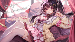 Rule 34 | 1girl, bow skirt, breasts, brown hair, chen ying (alan-yut), cleavage, collar, commentary, commission, english commentary, feet out of frame, frilled collar, frilled sleeves, frills, hair ornament, hair ribbon, hairclip, highres, himemiya rie, indoors, jacket, large breasts, long hair, long sleeves, looking at viewer, lying, multicolored hair, neck ribbon, on back, on bed, open clothes, open jacket, phase connect, pillow, pink eyes, pink hair, pink ribbon, pink skirt, pixiv commission, pleated skirt, ribbon, school uniform, serafuku, shirt, skirt, smile, solo, streaked hair, thigh strap, thighhighs, twintails, two-tone hair, virtual youtuber, white shirt, white thighhighs, yellow jacket