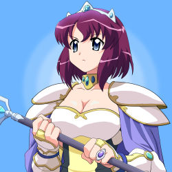 Rule 34 | 1girl, armor, blue eyes, breasts, bridal gauntlets, cleavage, crown, gauntlets, henrietta de tristain, jewelry, large breasts, m tateyama, purple hair, ring, short hair, shoulder pads, solo, staff, zero no tsukaima