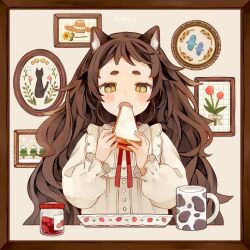 Rule 34 | 1girl, animal ears, artist name, border, brown border, brown hair, cat ears, commentary, cup, eating, fang, flower, food, frilled shirt, frilled sleeves, frills, hands up, highres, holding, holding food, jam, light blush, long hair, long sleeves, looking down, mug, neck ribbon, open mouth, original, painting (object), picture frame, plate, puffy long sleeves, puffy sleeves, red flower, red tulip, ribbon, sandwich, shirt, short bangs, skin fang, solo, straight-on, tabi 0v0, tulip, upper body, white shirt, yellow eyes