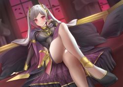 Rule 34 | 1girl, blush, breasts, bridal gauntlets, cleavage, cloak, corruption, couch, crossed legs, cushion, dark persona, fire emblem, fire emblem awakening, fire emblem heroes, gold trim, grima (fire emblem), hair ornament, hand to own mouth, long hair, medium breasts, nintendo, on couch, possessed, possession, red eyes, robin (female) (fire emblem), robin (fire emblem), see-through, see-through cleavage, shizukugu03, sitting, smile, solo, thighs, twintails, white hair