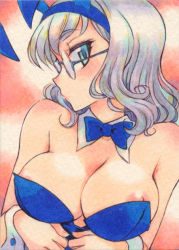 Rule 34 | 1girl, animal ears, bare shoulders, blue bow, blue eyes, blush, bow, bowtie, breasts, rabbit ears, cleavage, detached collar, fake animal ears, female focus, glasses, kusanagi tonbo, large breasts, long hair, looking at viewer, looking to the side, neck, nipple slip, nipples, original, playboy bunny, rimless eyewear, silver hair, solo, strapless, traditional media, upper body, wrist cuffs