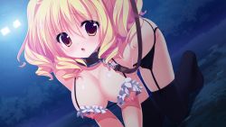 Rule 34 | 1girl, :o, all fours, alternate costume, black thighhighs, blonde hair, blush, bra, breasts, brown eyes, bush, collar, drill hair, dutch angle, frilled bra, frills, full body, game cg, garter belt, garter straps, hair between eyes, hanging breasts, lamppost, large breasts, leash, lingerie, looking at viewer, mitsumomo mamu, night, night sky, nippleless clothes, nipples, no panties, on ground, open mouth, orange eyes, outdoors, pet play, public indecency, public nudity, short hair, sidelocks, sky, solo, star (sky), starlight idol, strap gap, thighhighs, twin drills, underwear, underwear only, yomikawa mana