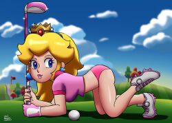Rule 34 | 1girl, all fours, bent over, blonde hair, blue eyes, breasts, come hither, crown, from side, gloves, golf, hanging breasts, highres, large breasts, legs, long hair, mario (series), mario golf, mario golf: super rush, midriff, nintendo, panties, parted lips, pink lips, pink panties, ponytail, princess, princess peach, shirt, shoes, sideboob, smile, solo, thighs, underwear