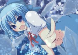 Rule 34 | &gt;:d, 1girl, :d, blue eyes, blush, bow, cirno, collared shirt, fang, foreshortening, hair bow, hair ribbon, ice, ice wings, index finger raised, masiromu, open mouth, pointing, ribbon, shirt, short hair, short sleeves, smile, snowflakes, solo, touhou, v-shaped eyebrows, wings
