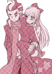 Rule 34 | 1boy, 1girl, blush, bow, braid, carrying, closed mouth, commentary request, cowboy shot, danganronpa (series), danganronpa 2: goodbye despair, floral print, hair bow, hands on another&#039;s shoulders, hands up, heterochromia, jacket, long hair, monochrome, multicolored hair, open clothes, open jacket, pants, piggyback, pink jacket, pink pants, pink thighhighs, polka dot, polka dot legwear, scarf, shoes, simple background, sketch, smile, sonia nevermind, suurin (ksyaro), tanaka gundham, thighhighs, two-tone hair, vest, white background