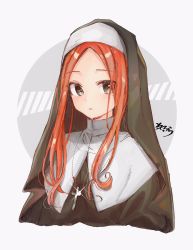 Rule 34 | 1girl, blush, brown dress, brown eyes, closed mouth, commentary request, copyright request, cross, dress, forehead, glint, grey background, habit, highres, latin cross, long hair, looking at viewer, nun, orange hair, parted bangs, signature, sofra, solo, traditional nun, two-tone background